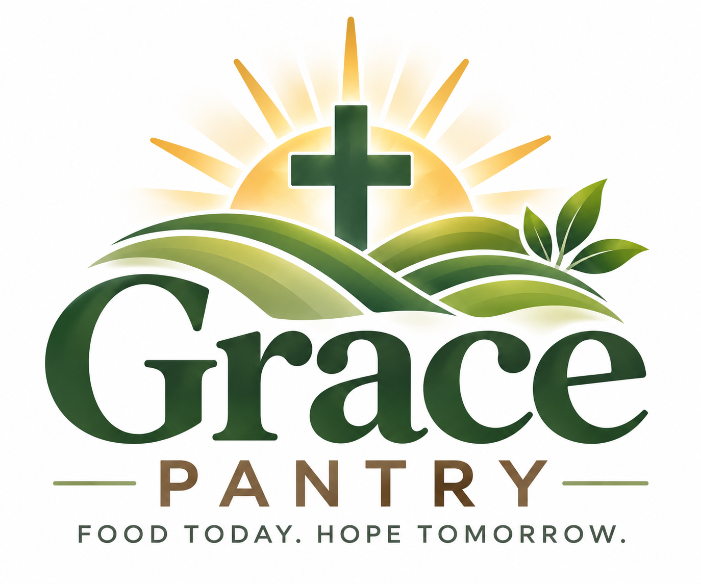 Grace Pantry — Food Today. Hope Tomorrow. A green cross above rolling fields with a golden sunrise.